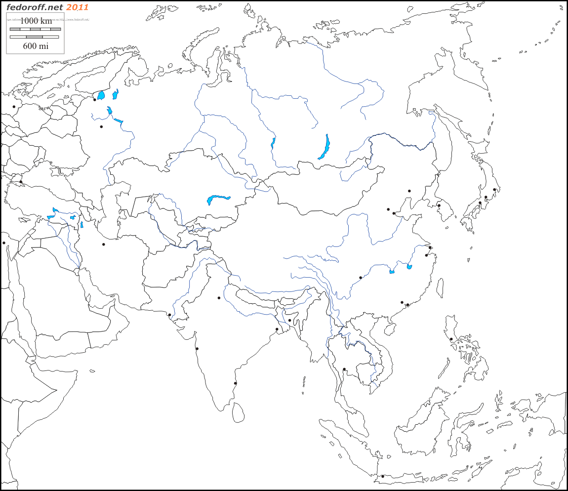 Политическая контурная карта Азии с границами государств